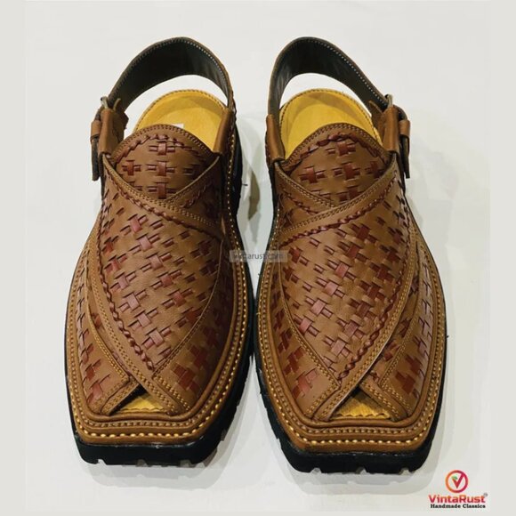 Authentic Brown Peshawari Sandals for Men, Durable Leather Shoes, Classic Woven main image 4